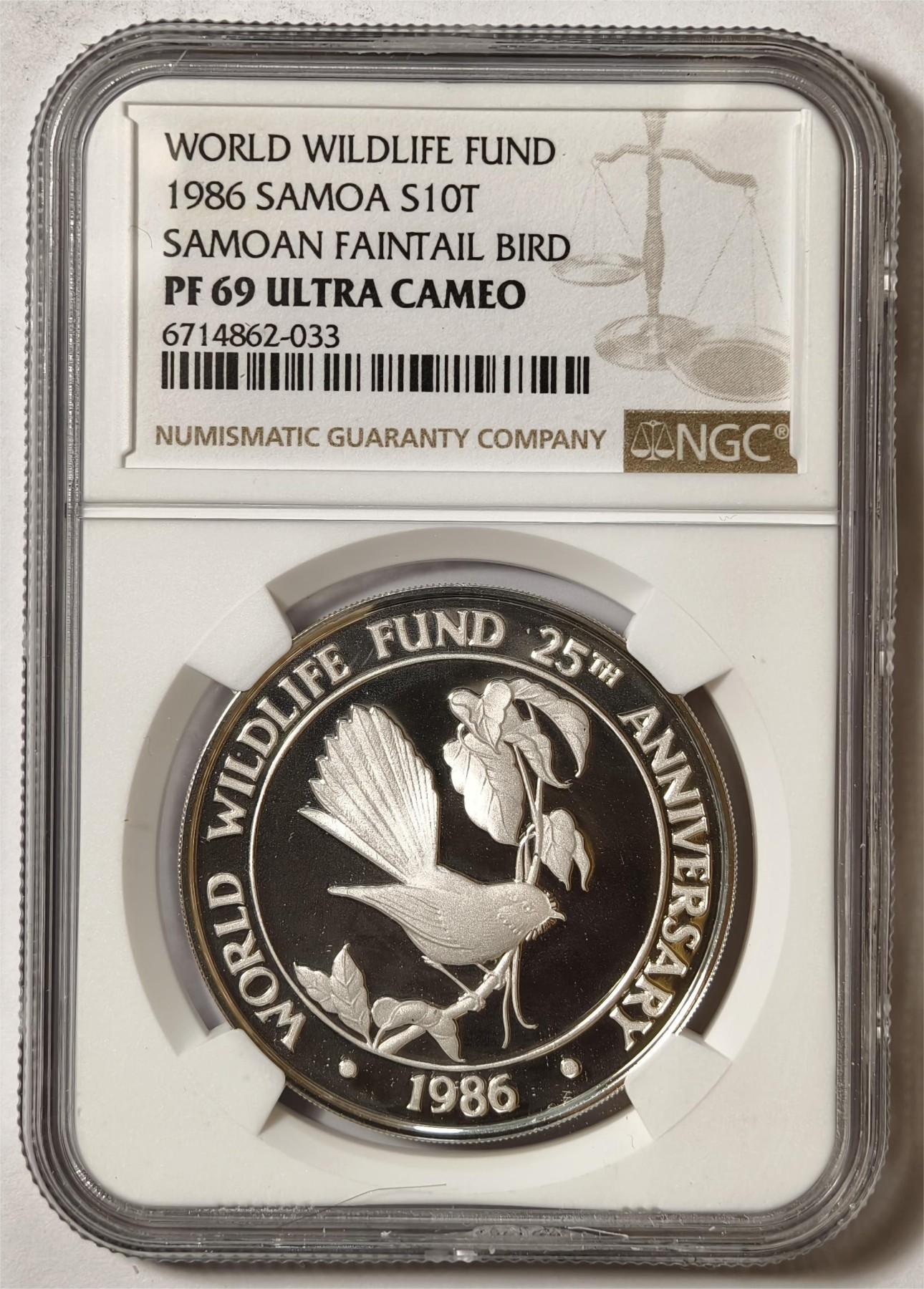 紫瑗钱币——第336期拍卖 萨摩亚 1986年 WWF基金会25周年 长尾鸟 10元  银币 NGC PR69 UC
