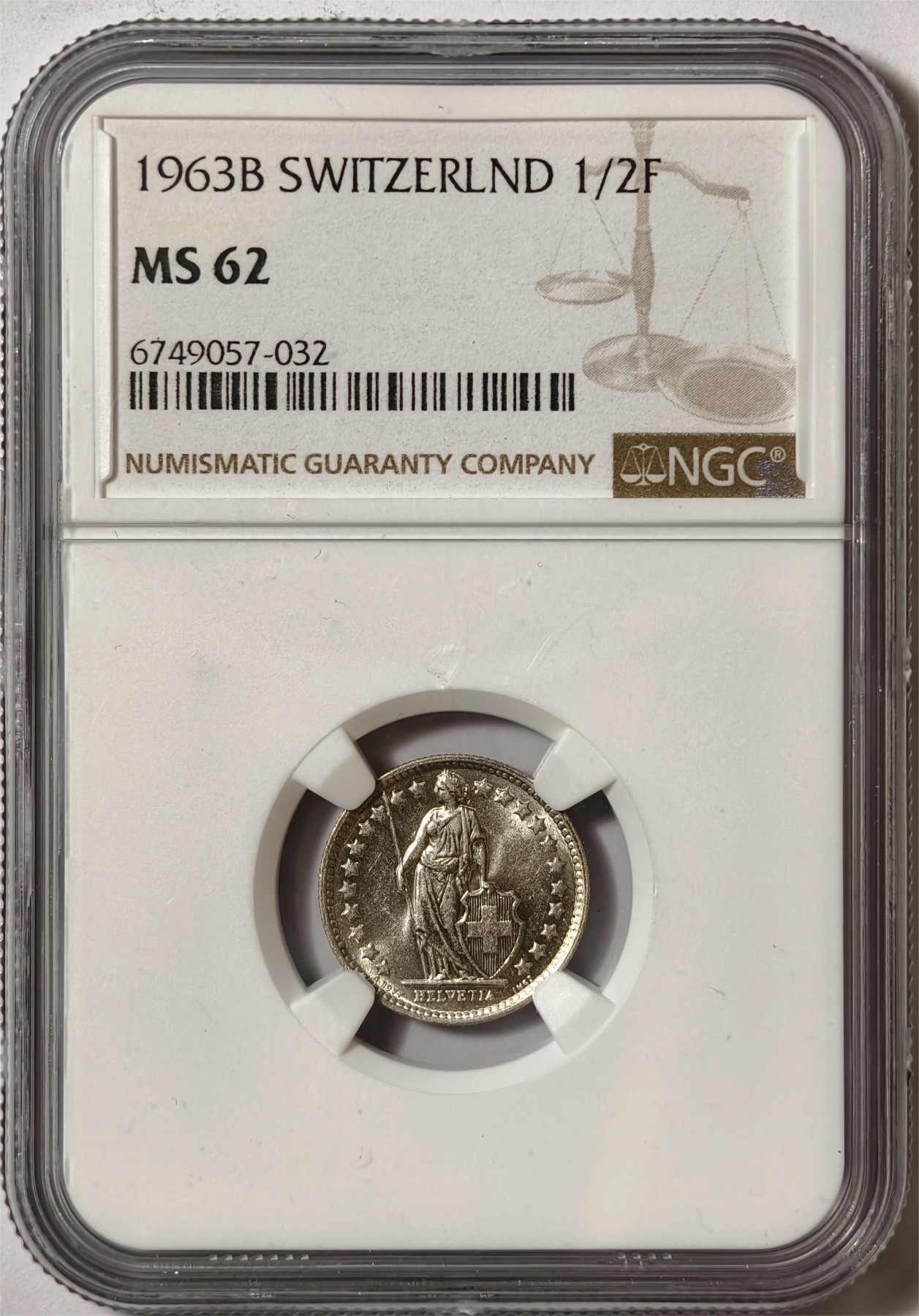 紫瑗钱币——第336期拍卖 瑞士 1963年 赫尔维蒂亚 1/2法郎 银币 NGC MS62