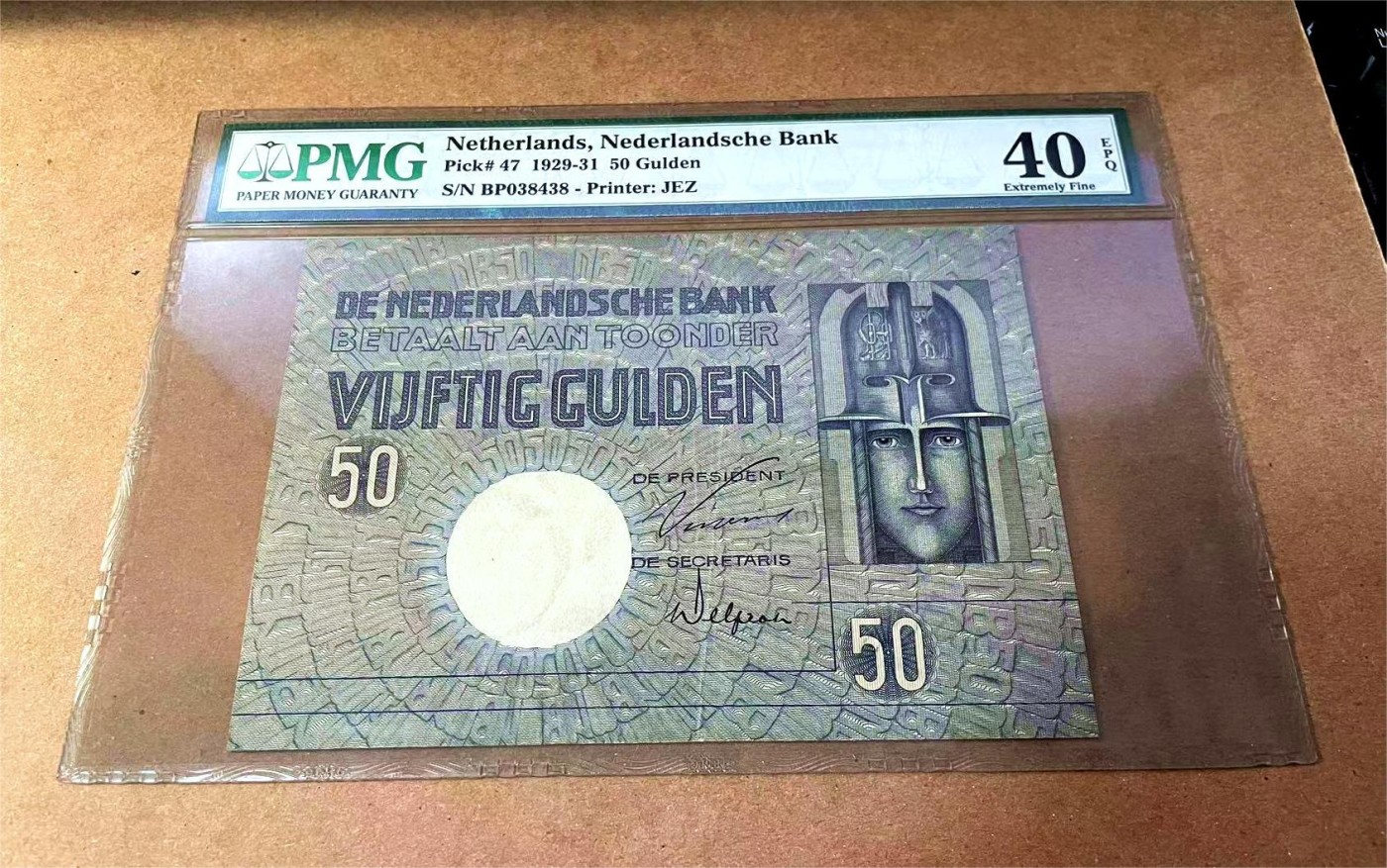 【Blue Auction】✨世界纸币精拍第461期【精】 荷兰 早期 1929-31年 50盾 PMG40EPQ 原票少见 罗马神话中的智慧、战争、月亮和记忆女神密涅瓦（Minerva）前卫的设计 