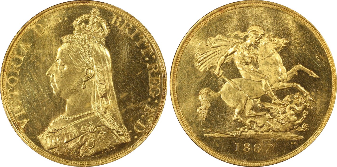 万国钱币拍卖第023期（金辉银韵之夜） PCGS MS62+ 1887英国维多利亚女王5镑金币 发行量54000枚，近40g的重量足以在流通金币当中傲视群雄，黄金的闪耀与经典的圣乔治屠龙完美结合，此枚打制深峻，底板类镜面质感，光泽强烈，在黄金暴涨的大环境下，堪称投资与收藏的双赢之选，再高半分的价格可能就是另一个档次的存在，此次入手机会切勿错过。
