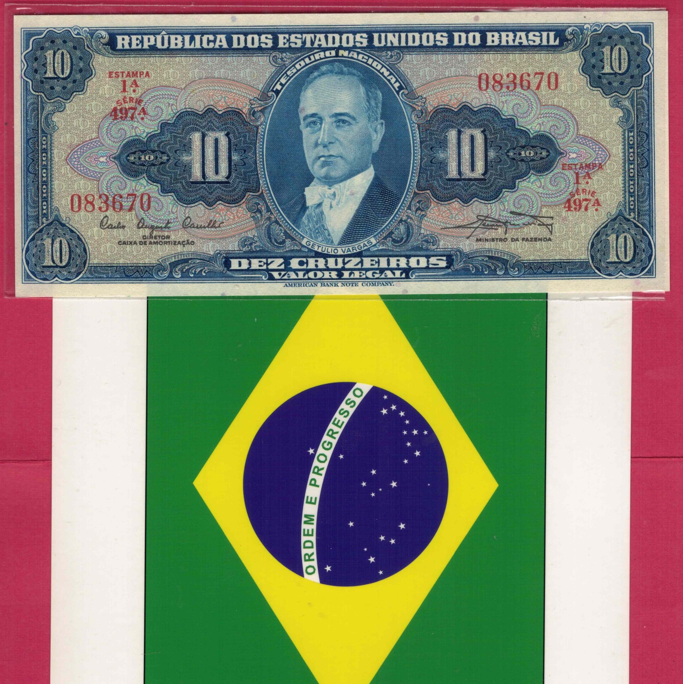 巴西1961年10克鲁塞罗 无4 P-167a 签名9 497序列 美洲纸币 实物图 UNC