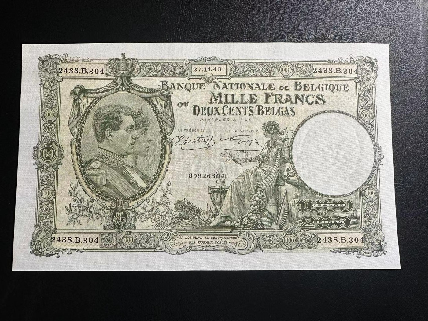 【Blue Auction】✨世界纸币精拍第461期【精】 比利时 1943年1000法郎 大票幅 UNC- 