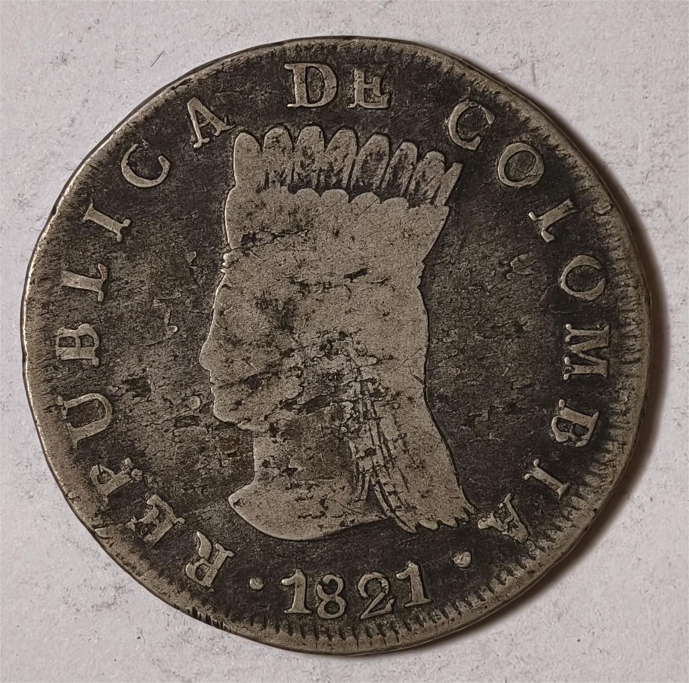 紫瑗钱币——第336期拍卖 哥伦比亚 1821年 BA JF 自由女神 8里亚尔 23克 0.666银 老包浆