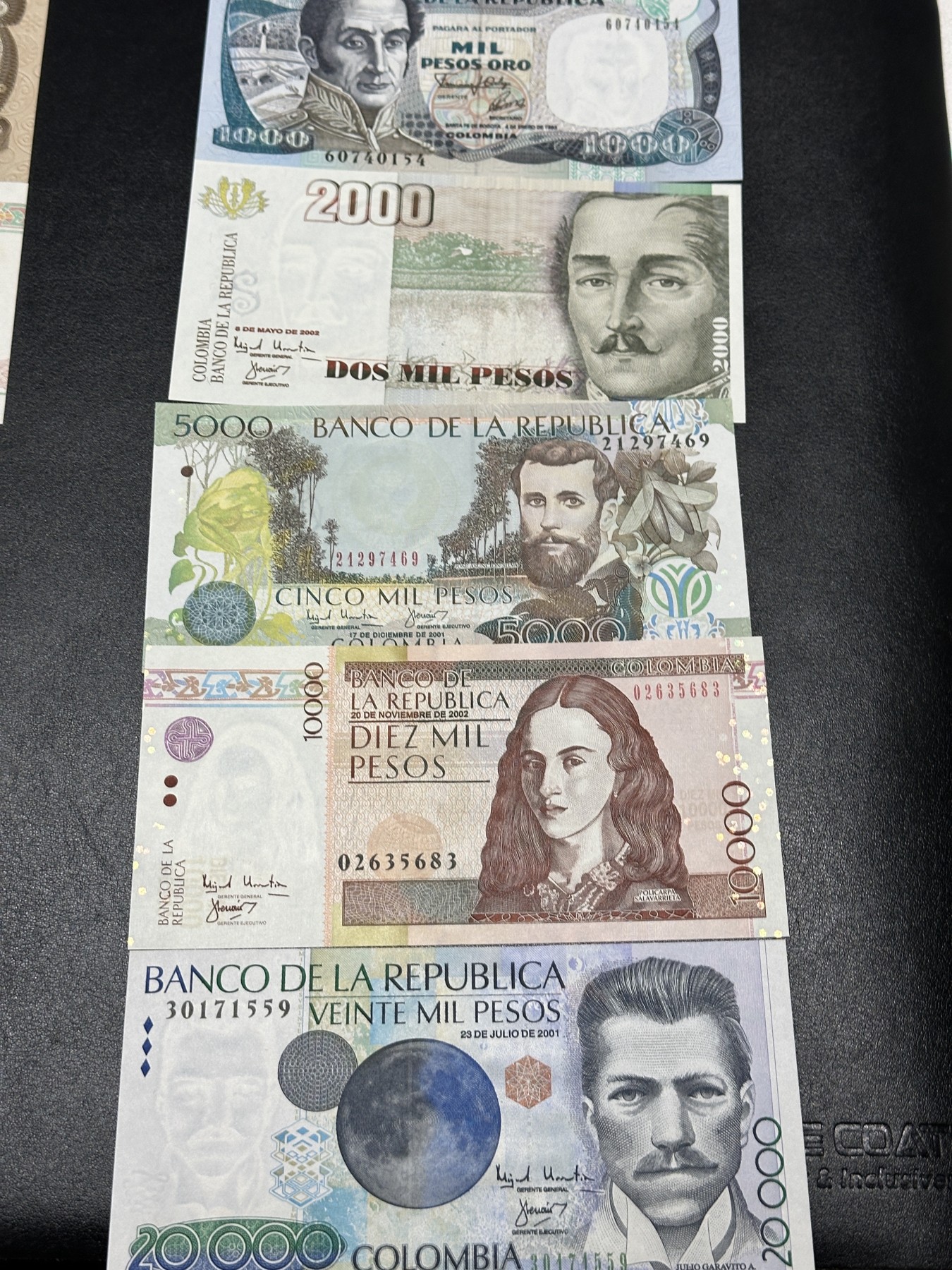 《外钞收藏家》第三百五十六期（美洲纸币专场） 哥伦比亚1000/2000/5000/10000/20000比索，5枚 全新 个别有潮癍
