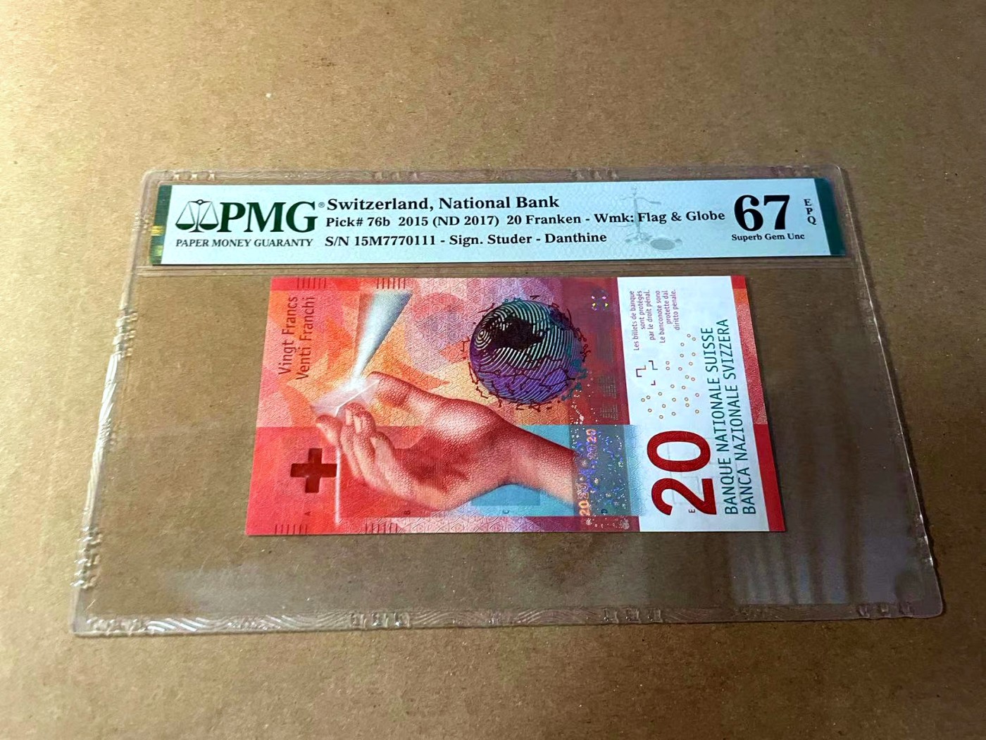 【Blue Auction】✨世界纸币精拍第461期【精】 【7770111豹子号】瑞士 2015年20法郎  PMG67EPQ 高分