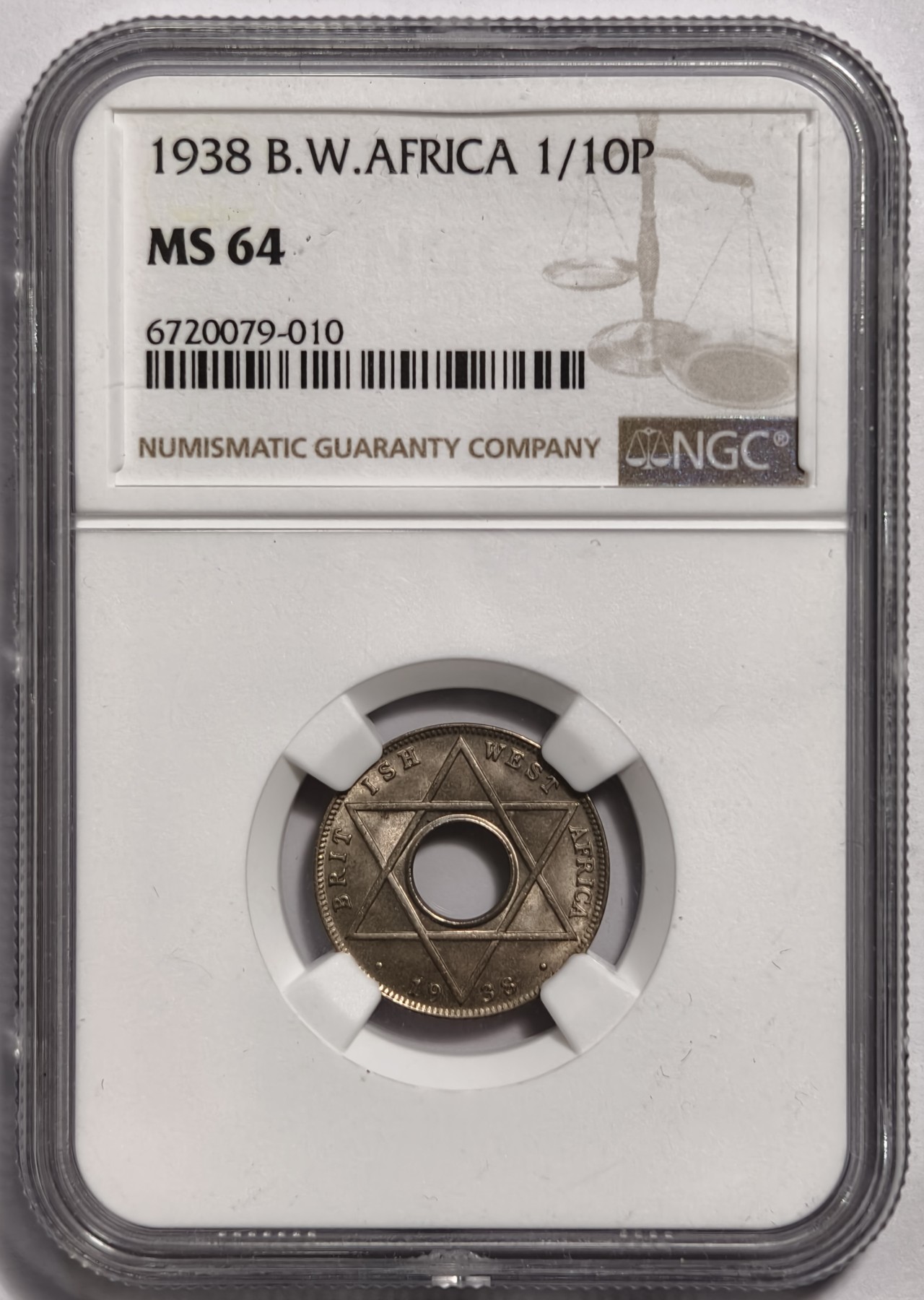 紫瑗钱币——第336期拍卖 英属西非 1938年 乔治六世 1/10便士 白铜币 NGC MS64