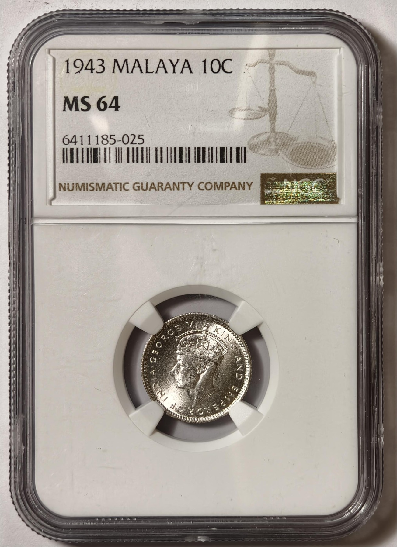 紫瑗钱币——第336期拍卖 马来亚 1943年 乔治六世 10分 银币 NGC MS64