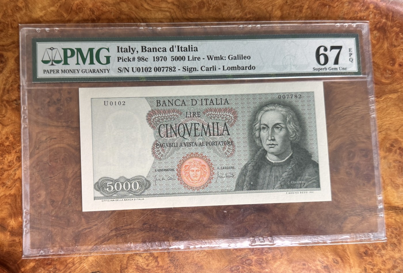 Chase Auction 第27期 - - 外钞、民国钞和人民币混合场！ 1970年意大利5000里拉，初版哥伦布，PMG67！