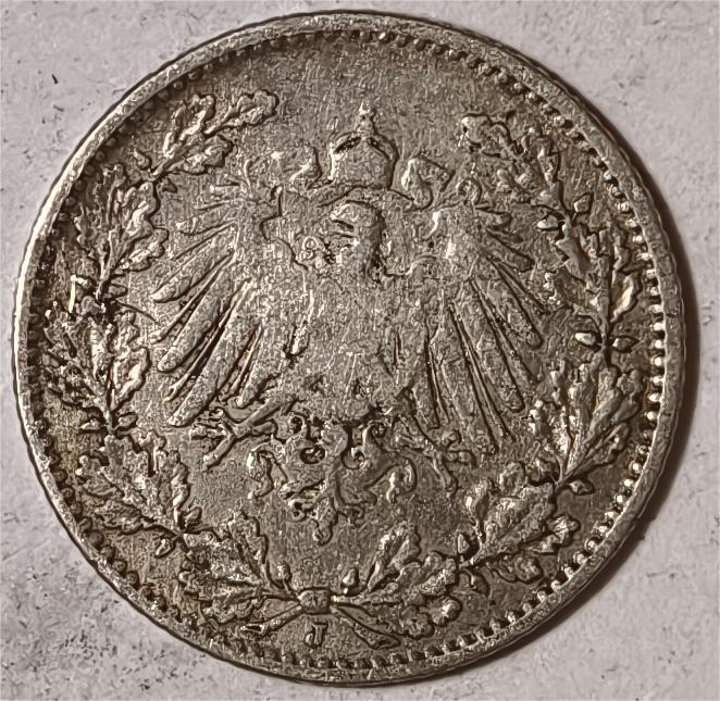 紫瑗钱币——第360期拍卖 德国 1907年 J版 第二帝国 1/2马克 银币 2.77克 0.9银