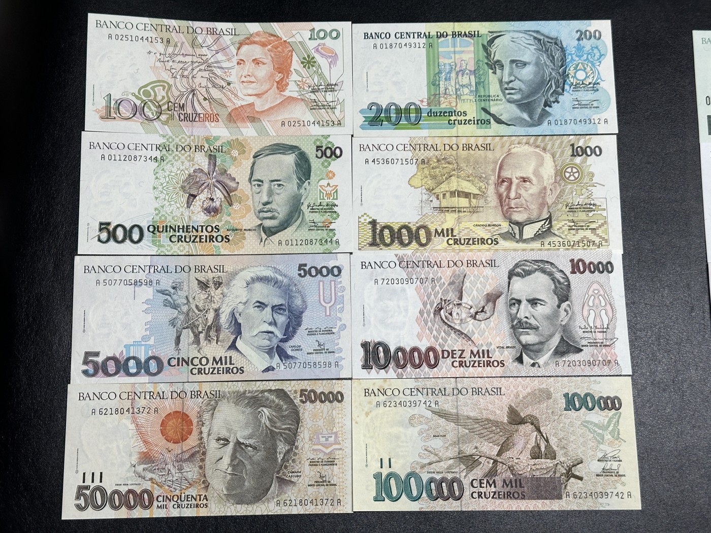 《外钞收藏家》第三百五十六期（美洲纸币专场） 巴西1990版套币100-100000，计8枚 全新  个别有黄潮癍