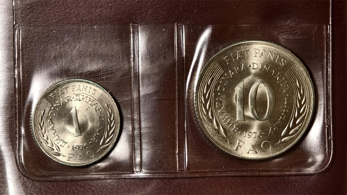 紫瑗钱币——第336期拍卖 南斯拉夫 1976年 世界粮农组织FAO 1 10第纳尔 UNC 纪念币 2枚套 原包装