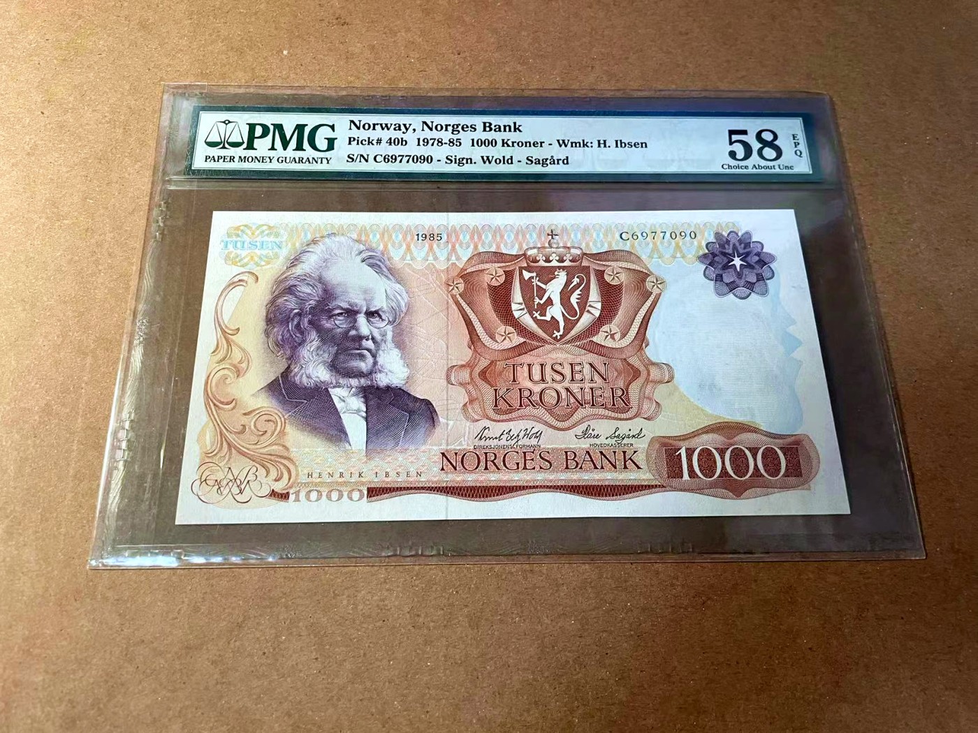 【Blue Auction】✨世界纸币精拍第461期【精】 挪威 1985年1000克朗 PMG58EPQ 原票 易卜生 设计精美