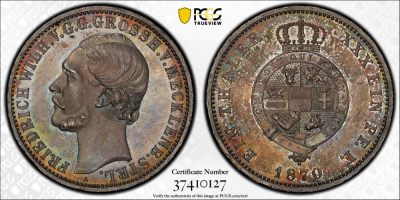 万国钱币拍卖第023期（金辉银韵之夜） - PCGS MS64PL 1870年德国梅克伦堡-施特雷利茨流通1泰勒 炫彩镜面 唯一一枚PROOF LIKE 其实状态和工艺已完全达到精致