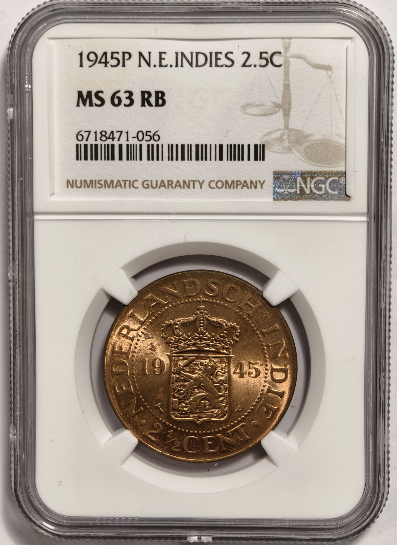 紫瑗钱币——第350期拍卖 荷属东印度 1945年 P版 2.5分 铜币 NGC MS63 RB