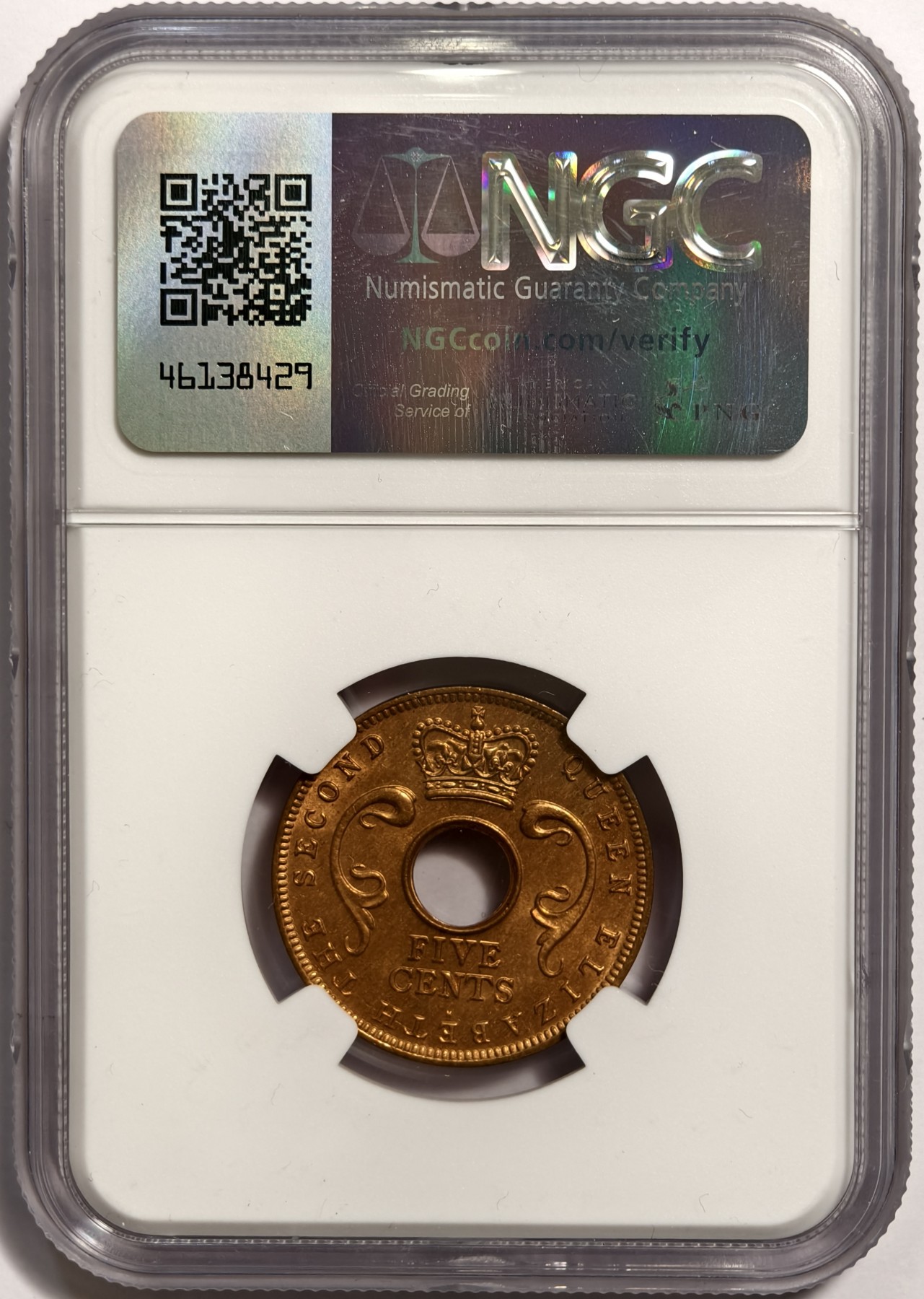 紫瑗钱币——第350期拍卖 英属东非 1956年 H版 伊丽莎白二世 5分 铜币 NGC MS64 RB