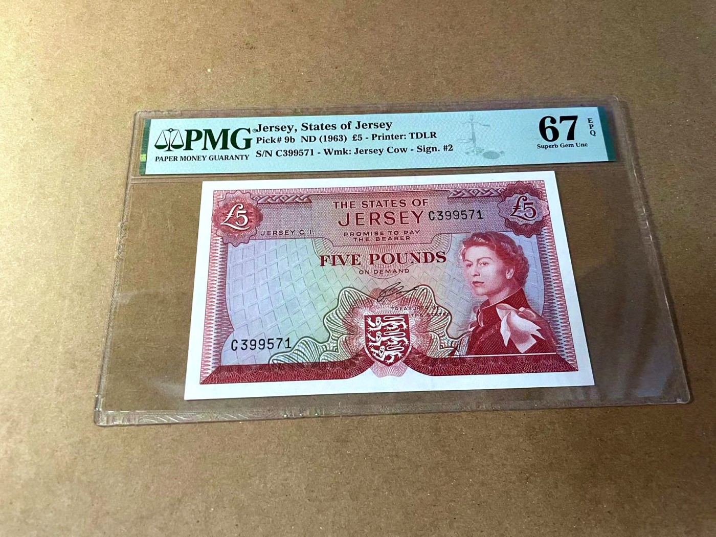 【Blue Auction】✨世界纸币精拍第461期【精】 泽西 1963年5镑 戎装女王 PMG67EPQ 高分 