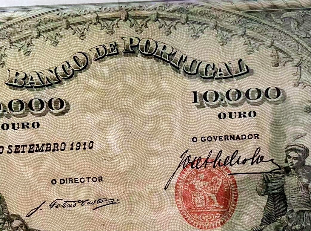 【Blue Auction】✨世界纸币精拍第461期【精】 【“五贤者”】葡萄牙早期 1908-10年10000瑞斯 BWC出品 正面五个人分别代表雕塑、绘画、阅读、音乐和写作 背面雅典娜 设计十分精美 少见品种 PMG35
