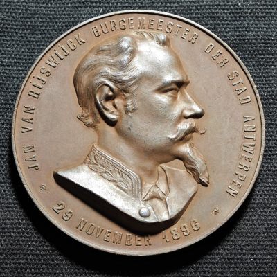 【德藏】世界币章拍卖第76期 (全场顺丰包邮) - 1896年 比利时安特卫普市市长Jan van Riiswiick纪念铜章 直径约：51mm，重约：59.2g