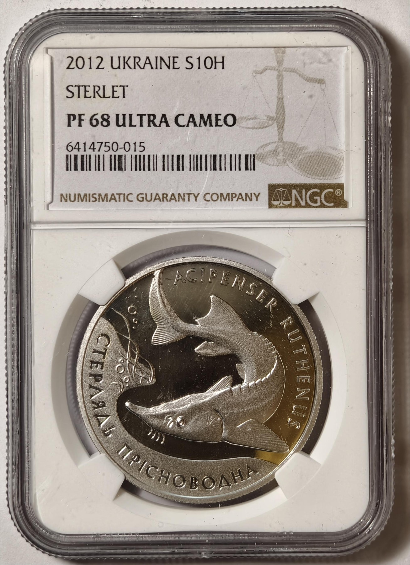 紫瑗钱币——第350期拍卖 乌克兰 2012年 小体鲟鱼 10格里芬 银币 NGC PR68 UC