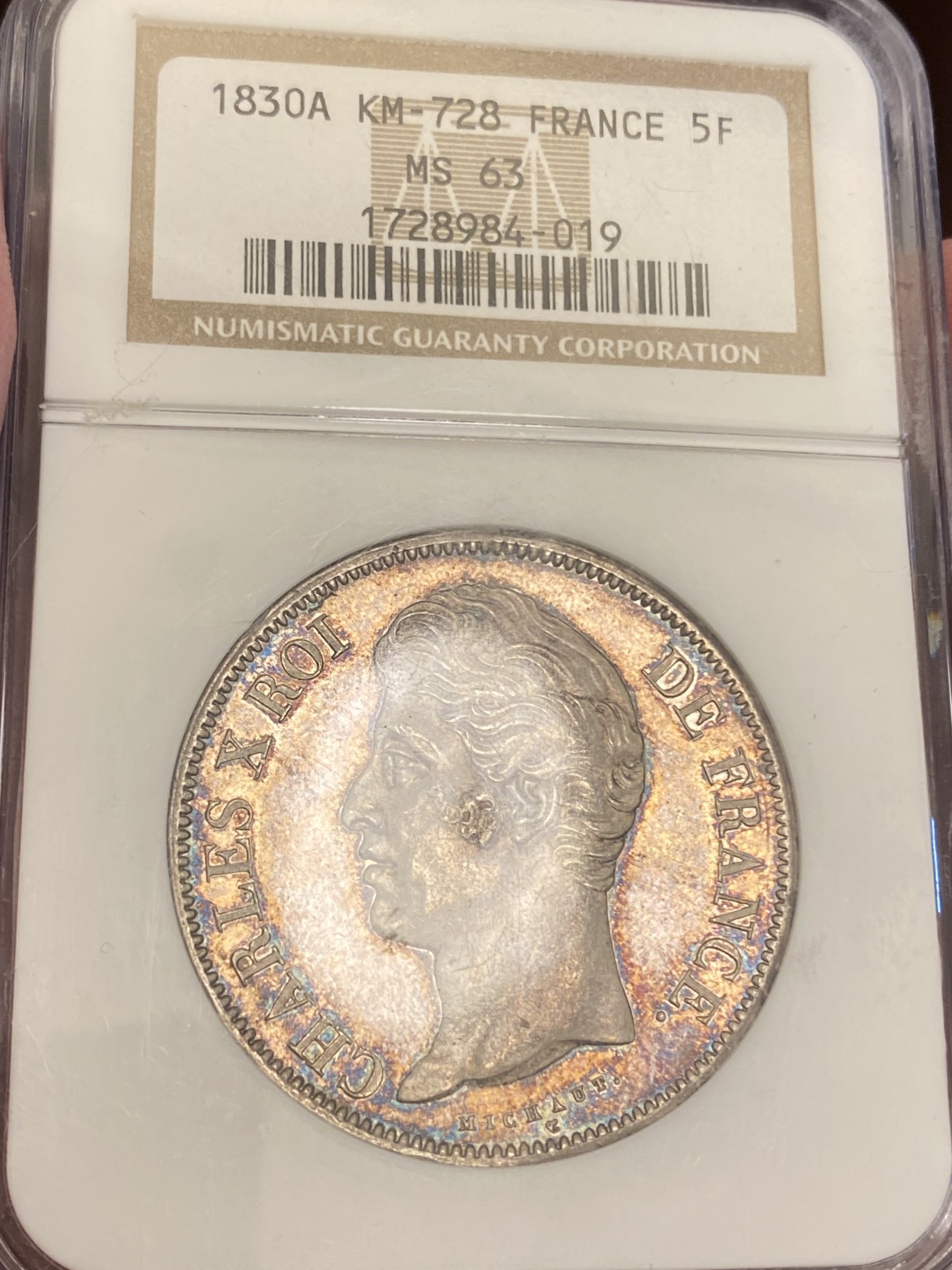万国钱币拍卖第023期（金辉银韵之夜） NGC MS63 1830年法国查理十世流通5法郎 经典欧洲五彩 搭配早期老N盒的质感可终身入藏