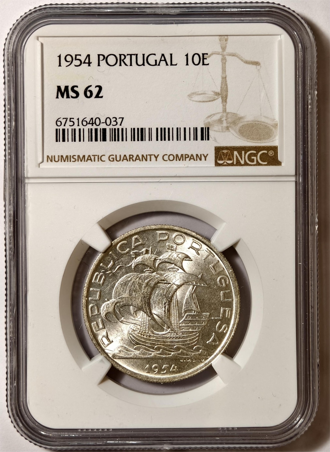 紫瑗钱币——第350期拍卖 葡萄牙 1954年 帆船 10埃斯库多 银币 NGC MS62