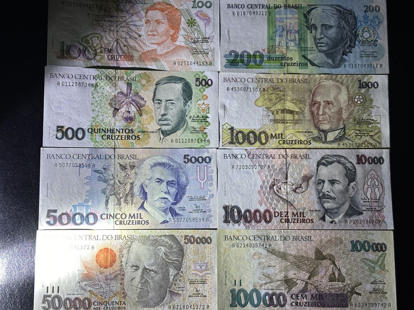 《外钞收藏家》第三百五十六期（美洲纸币专场） 巴西1990版套币100-100000，计8枚 全新  个别有黄潮癍