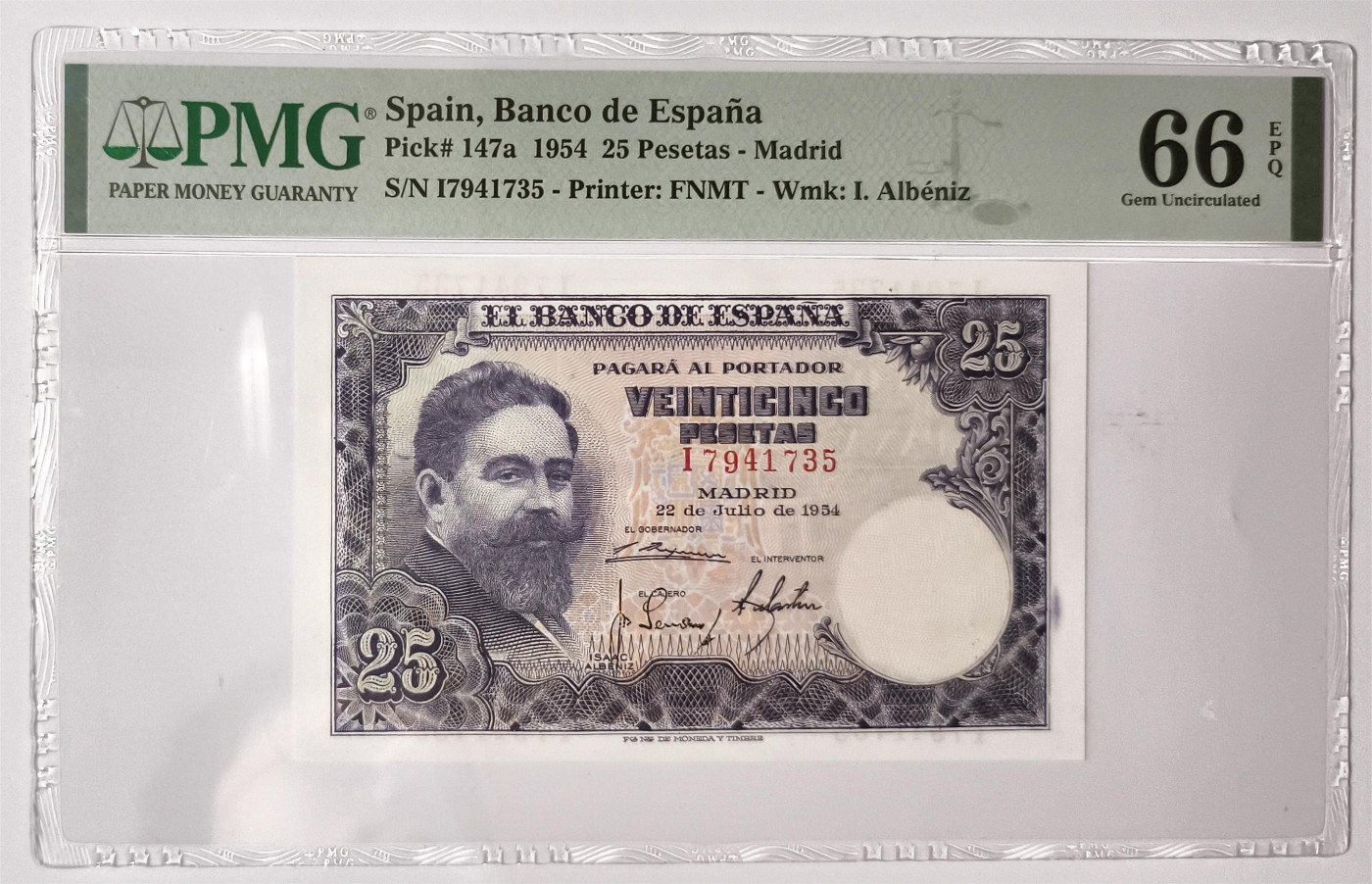 紫瑗钱币——第381期拍卖——纸币场 【PMG 66EPQ】西班牙 1954年 伊萨克·阿尔贝尼斯 25比塞塔 (P-147a)
