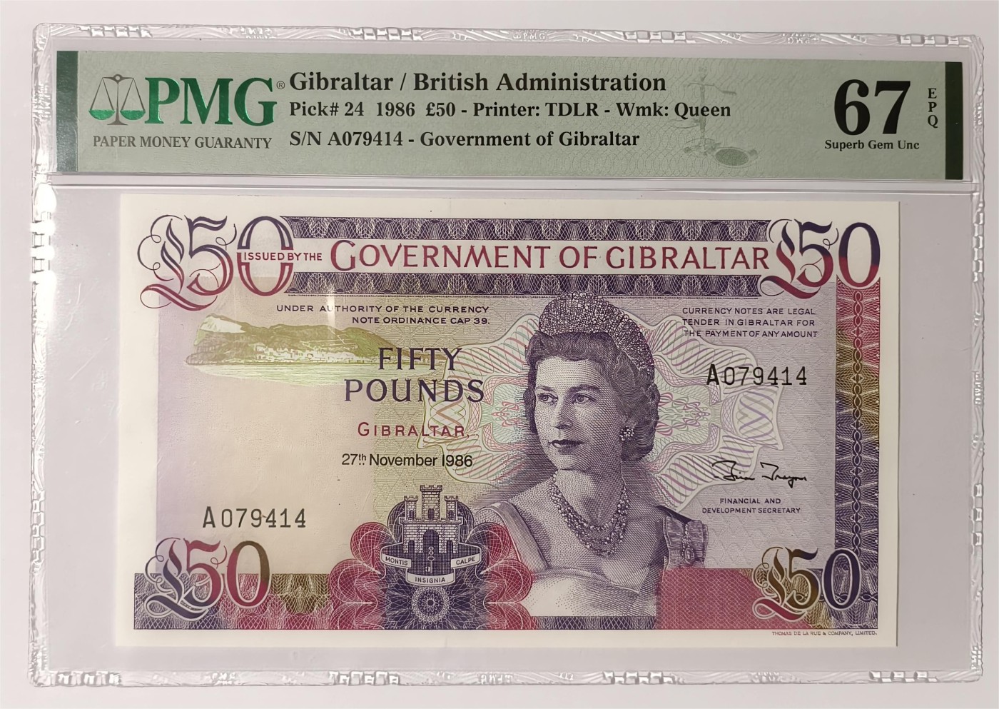 紫瑗钱币——第353期拍卖——纸币场 【首发A冠 PMG 67EPQ】 直布罗陀 1986年 伊丽莎白二世 高冠 50镑 (P-24)