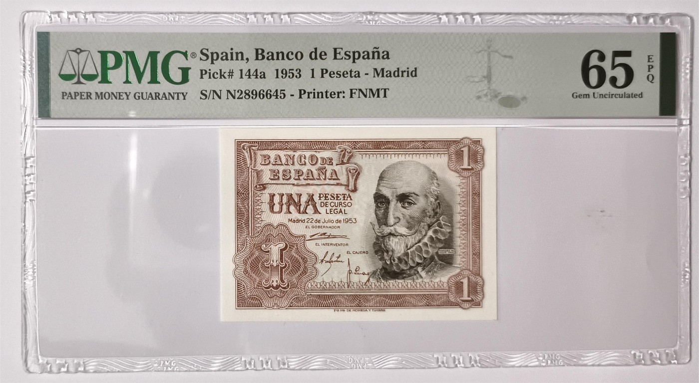 紫瑗钱币——第381期拍卖——纸币场 【PMG 65 EPQ】西班牙 1953年 圣克鲁斯侯爵 阿尔瓦罗·德·巴赞 1比塞塔