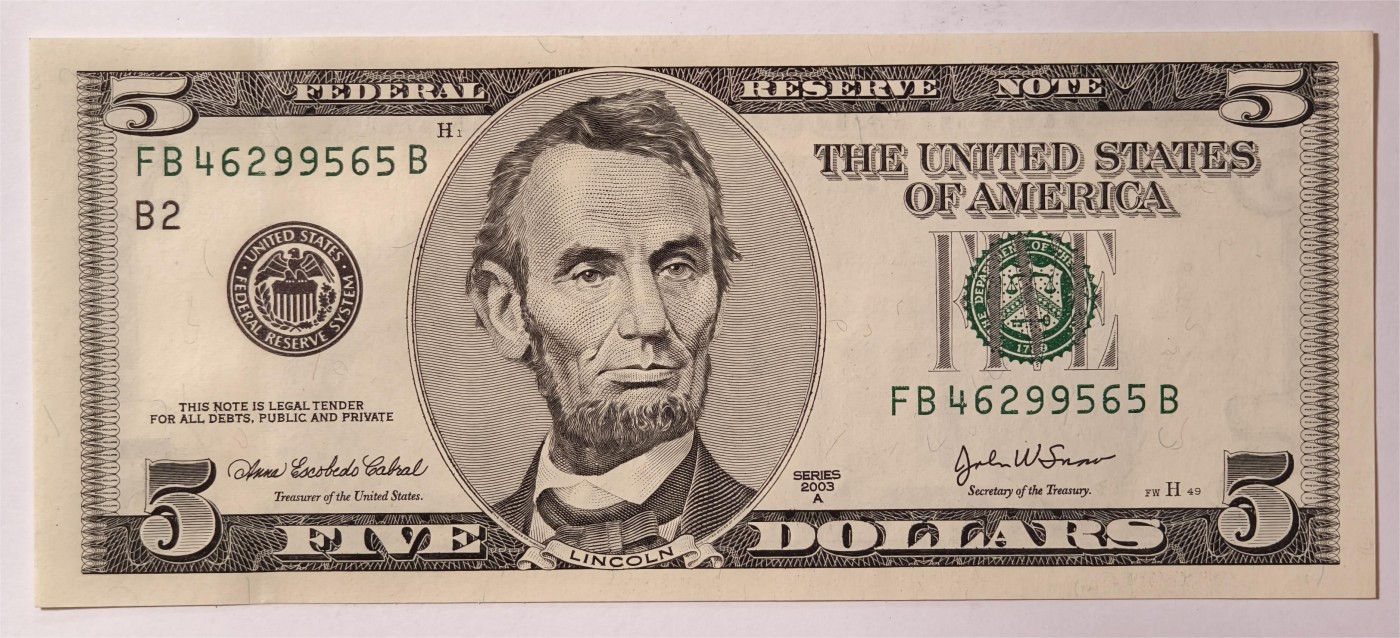 紫瑗钱币——第353期拍卖——纸币场 美国 2003年 B版 A序列 亚伯拉罕·林肯 5美元 大头版 UNC