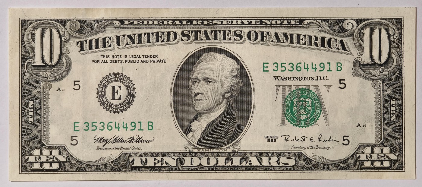 紫瑗钱币——第381期拍卖——纸币场 美国 1995年 E版 无序列 亚历山大·汉密尔顿 10美元 小头版 UNC(有脏）