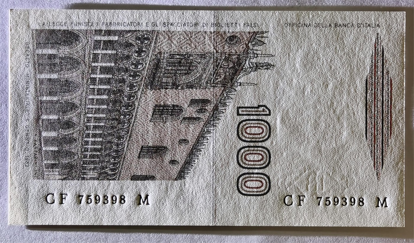 紫瑗钱币——第353期拍卖——纸币场 意大利 1982年 达·芬奇 1000里拉 UNC