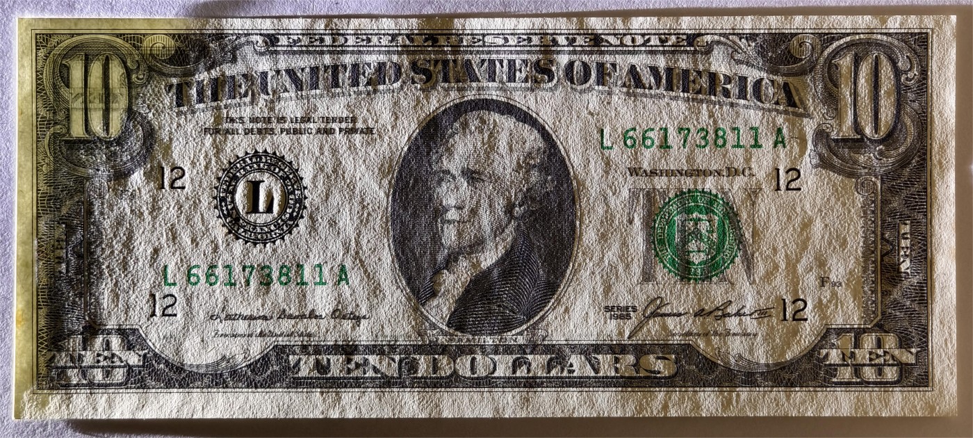 紫瑗钱币——第381期拍卖——纸币场 【双尾1】美国 1988年 L版 A序列 亚历山大·汉密尔顿 10美元 小头版 UNC-(有斑）