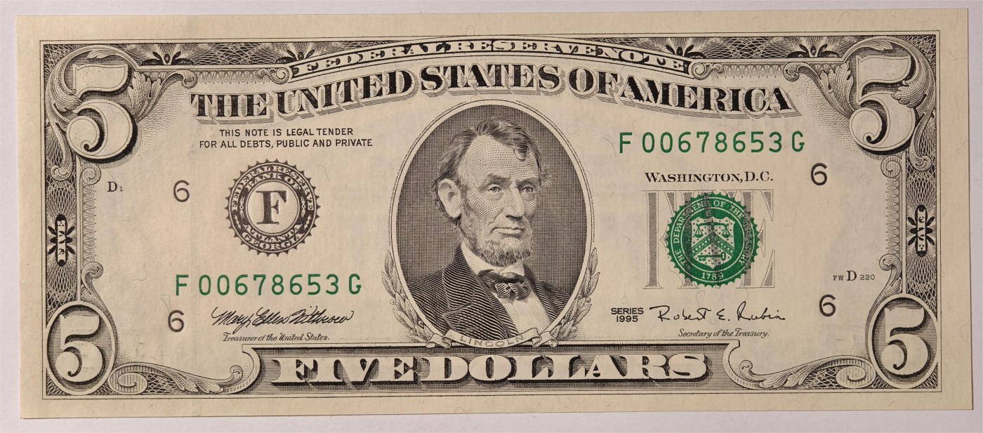 紫瑗钱币——第353期拍卖——纸币场 美国 1995年 F版 无序列 亚伯拉罕·林肯 5美元 小头版 UNC