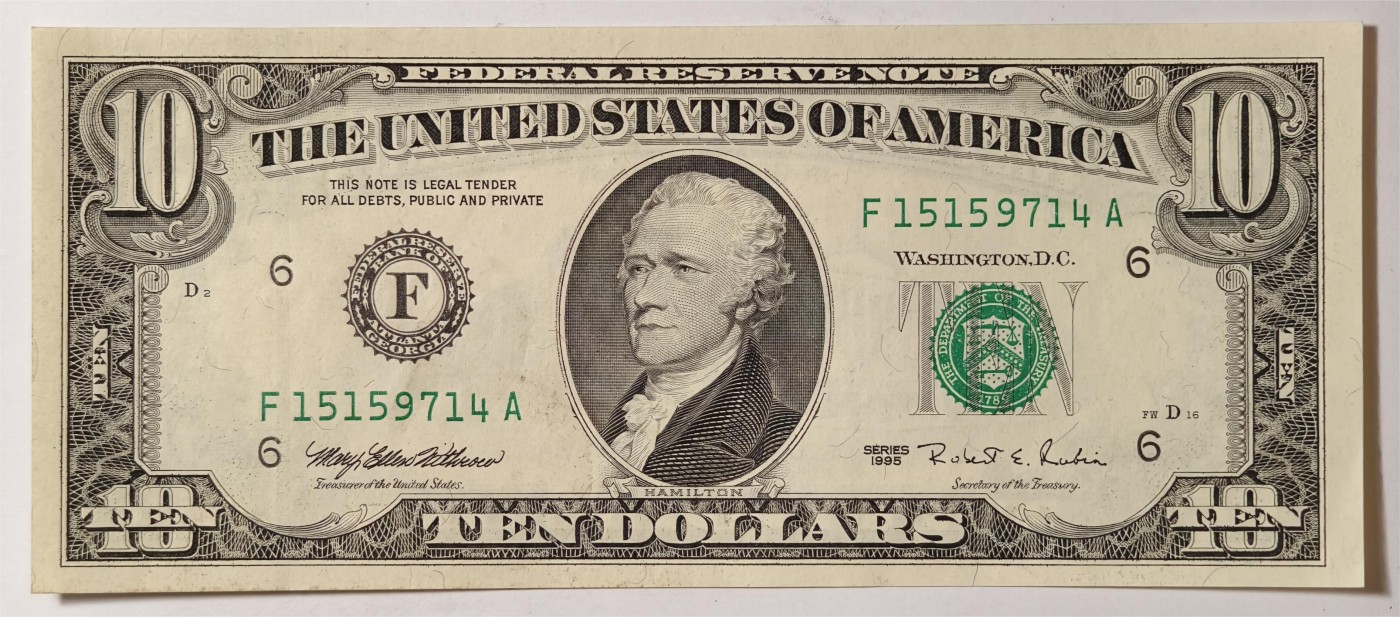 紫瑗钱币——第353期拍卖——纸币场 美国 1995年 F版 无序列 亚历山大·汉密尔顿 10美元 小头版 UNC