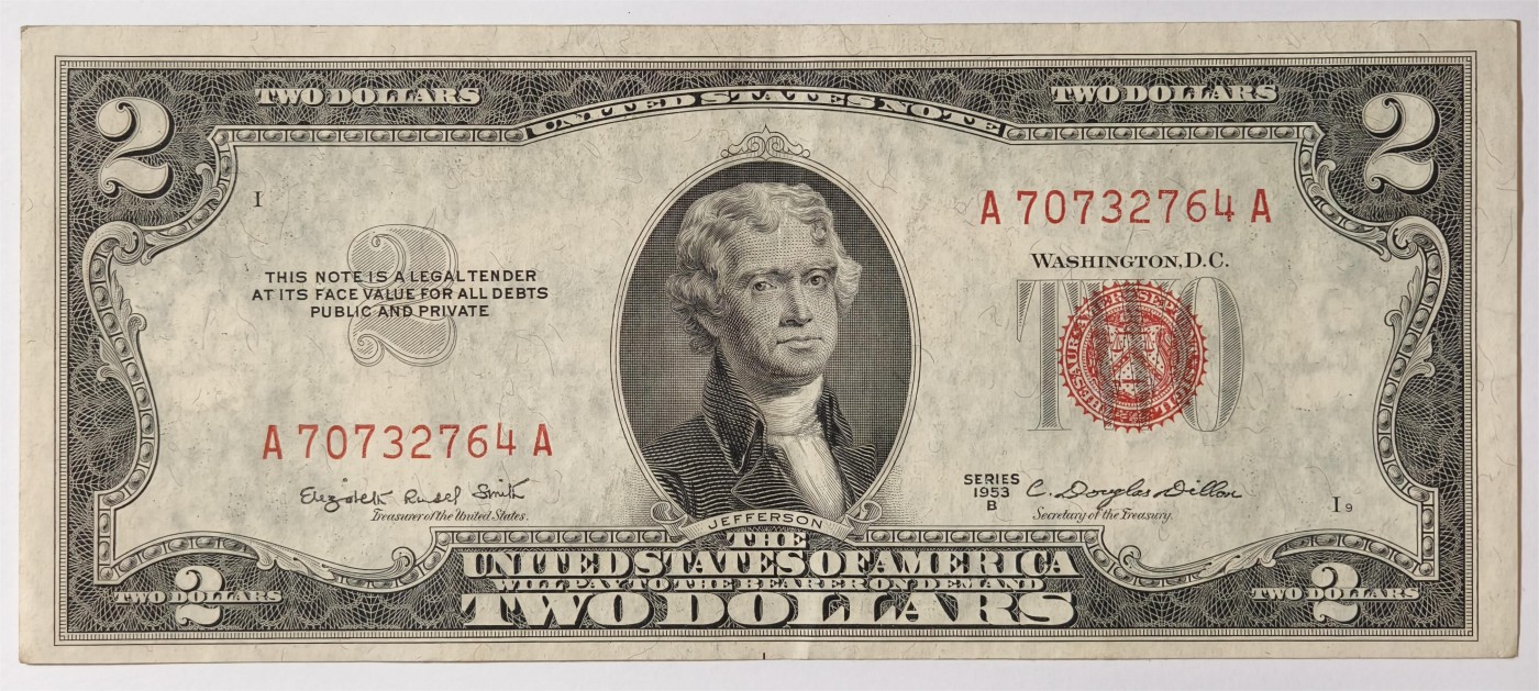 紫瑗钱币——第353期拍卖——纸币场 美国 1953年 B序列 托马斯·杰斐逊 2美元 红印 政府券 AU