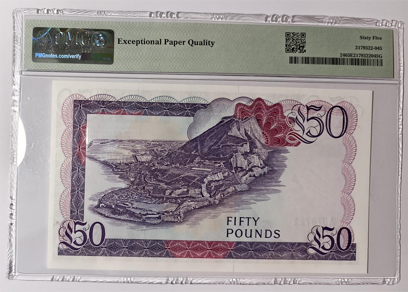 紫瑗钱币——第353期拍卖——纸币场 【首发A冠 PMG 65EPQ】 直布罗陀 1986年 伊丽莎白二世 高冠 50镑 (P-24)