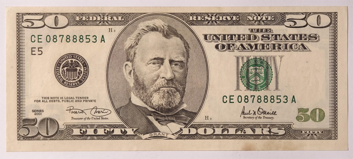 紫瑗钱币——第353期拍卖——纸币场 美国 2001年 E版 无序列 尤里西斯·辛普森·格兰特 大头版 50美元 UNC(有黄斑）