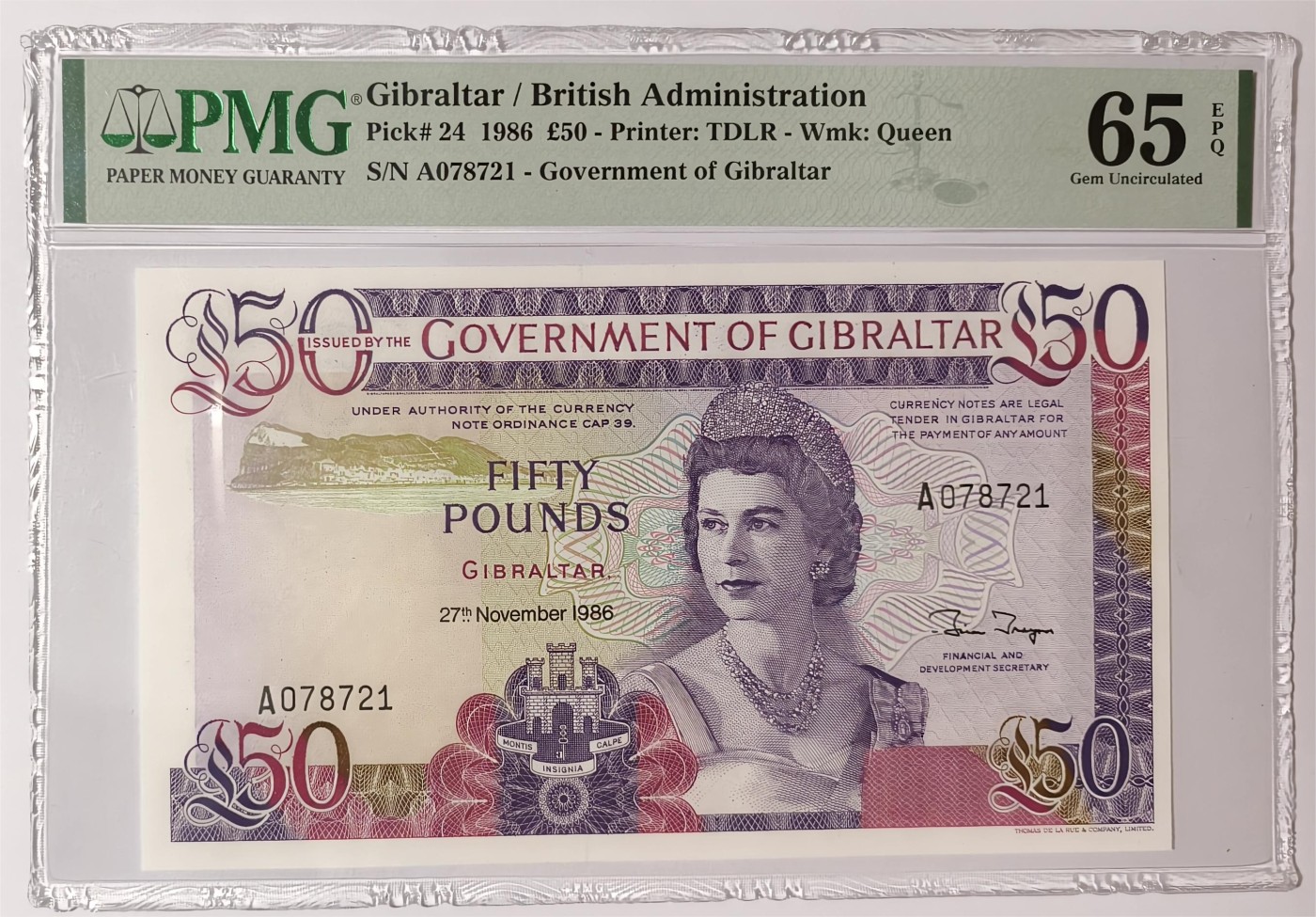 紫瑗钱币——第353期拍卖——纸币场 【首发A冠 PMG 65EPQ】 直布罗陀 1986年 伊丽莎白二世 高冠 50镑 (P-24)