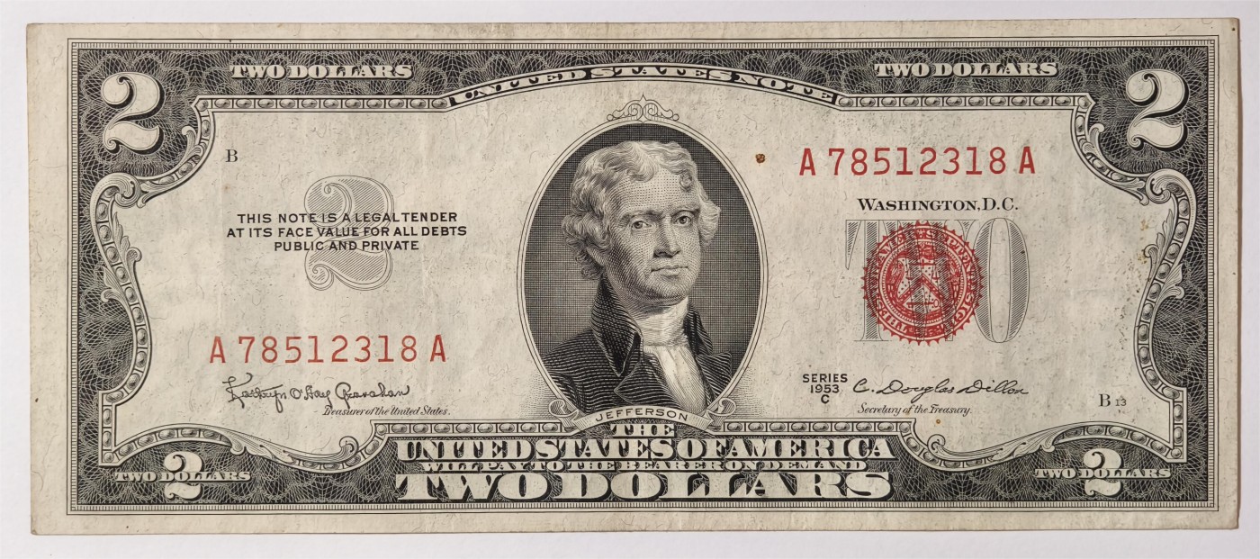 紫瑗钱币——第353期拍卖——纸币场 美国 1953年 C序列 托马斯·杰斐逊 2美元 红印 政府券 流通品