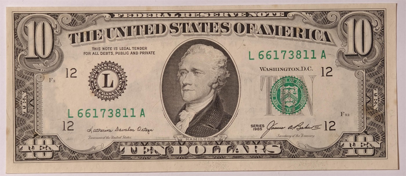 紫瑗钱币——第381期拍卖——纸币场 【双尾1】美国 1988年 L版 A序列 亚历山大·汉密尔顿 10美元 小头版 UNC-(有斑）
