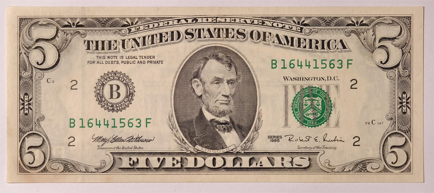 紫瑗钱币——第353期拍卖——纸币场 美国 1995年 B版 无序列 亚伯拉罕·林肯 5美元 小头版 UNC