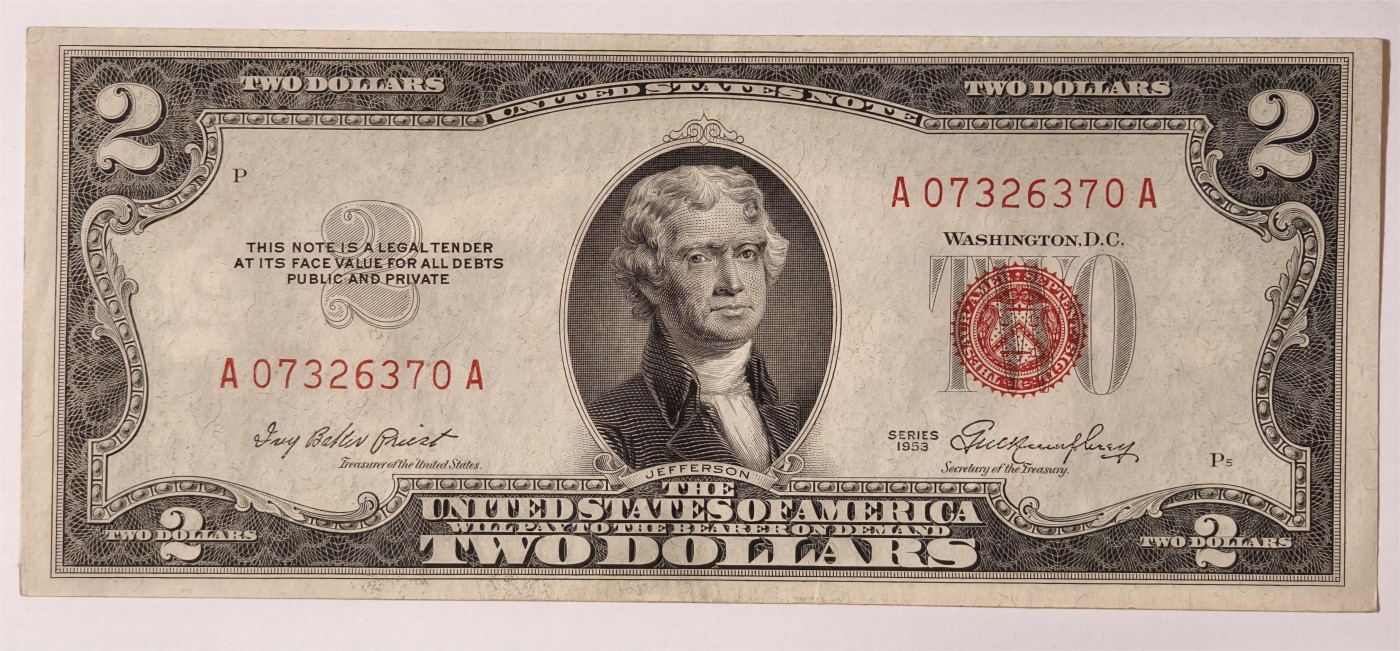 紫瑗钱币——第353期拍卖——纸币场 美国 1953年 无序列 托马斯·杰斐逊 2美元 红印 政府券 AU
