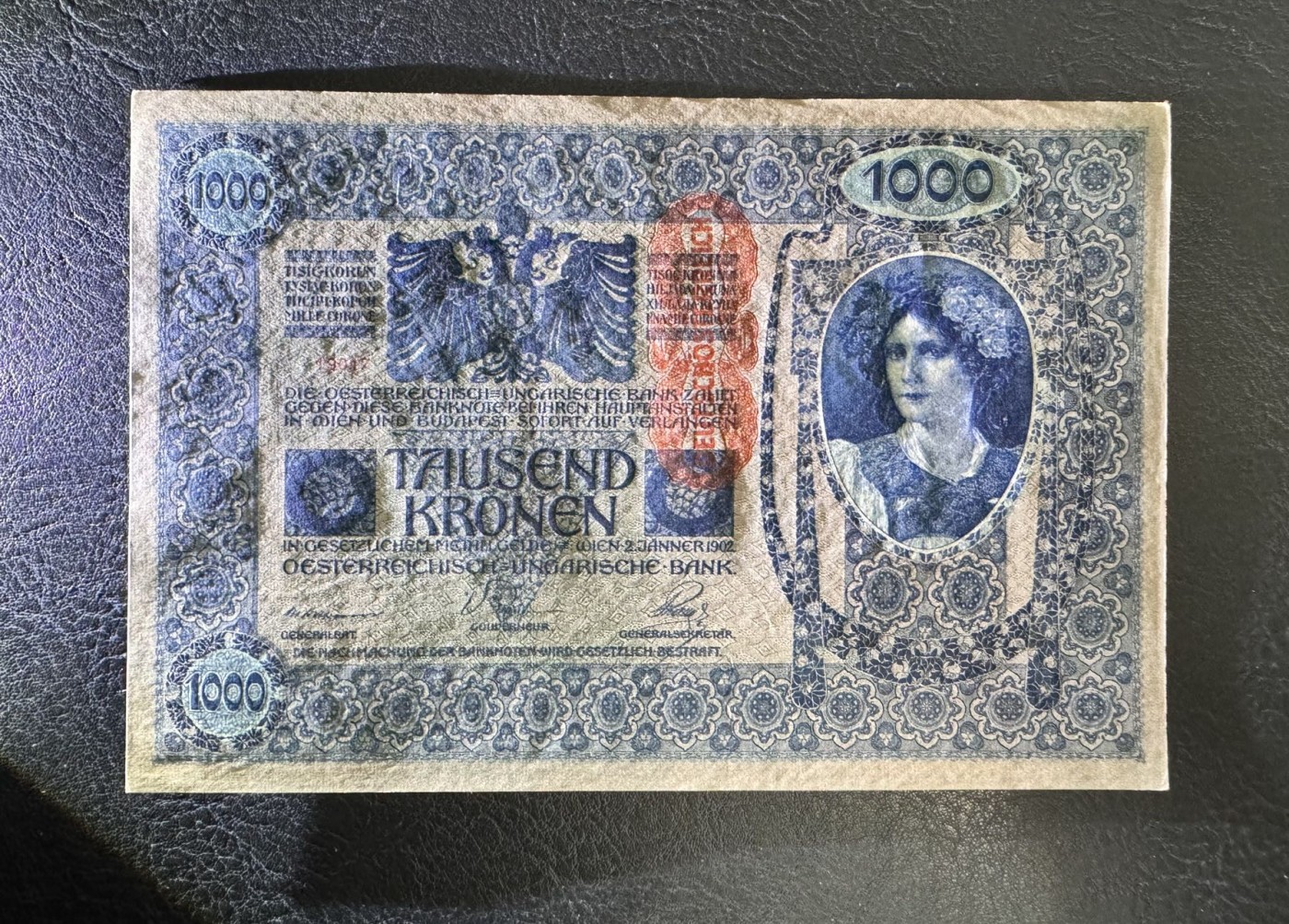 收藏联盟Quantum Auction 第337期拍卖  奥匈帝国加盖奥地利1902年1000克朗 品相UNC- 细节如图 大票幅