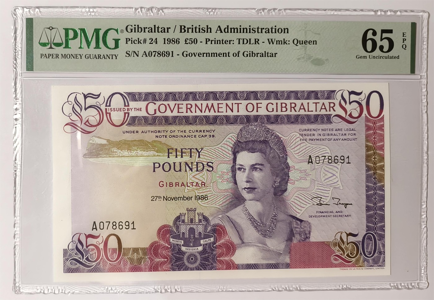 紫瑗钱币——第353期拍卖——纸币场 【首发A冠 PMG 65EPQ】 直布罗陀 1986年 伊丽莎白二世 高冠 50镑 (P-24)