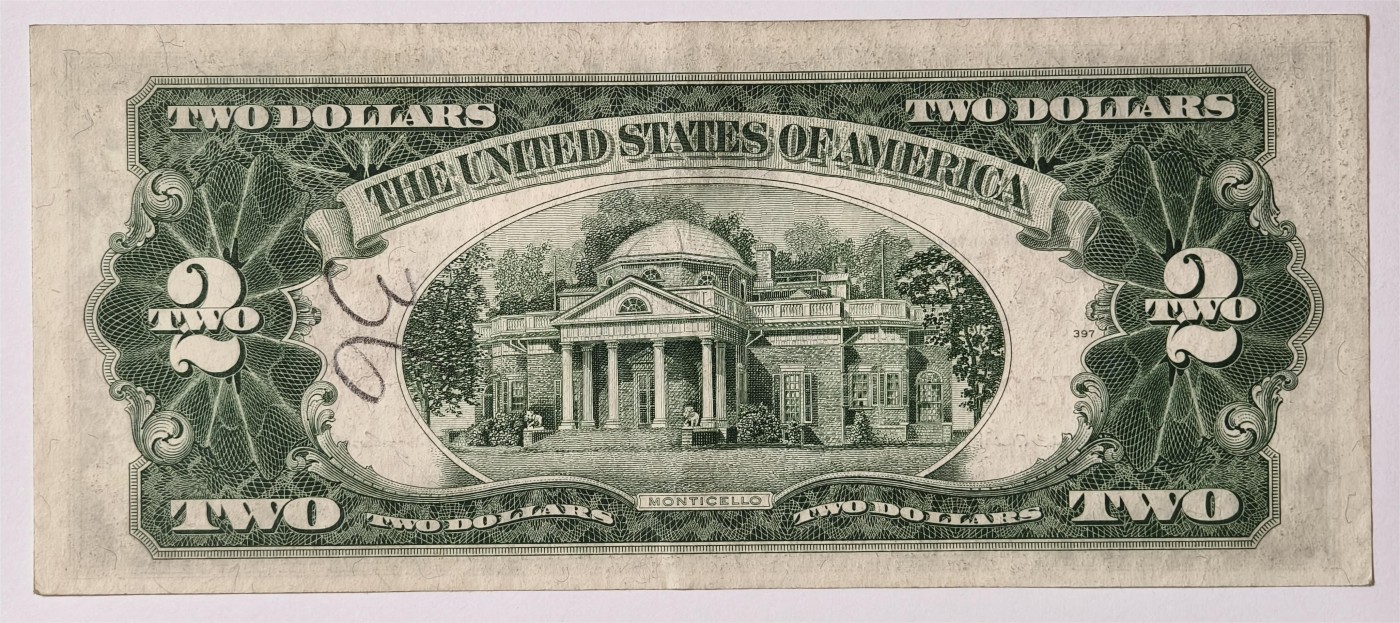 紫瑗钱币——第353期拍卖——纸币场 美国 1953年 B序列 托马斯·杰斐逊 2美元 红印 政府券 AU