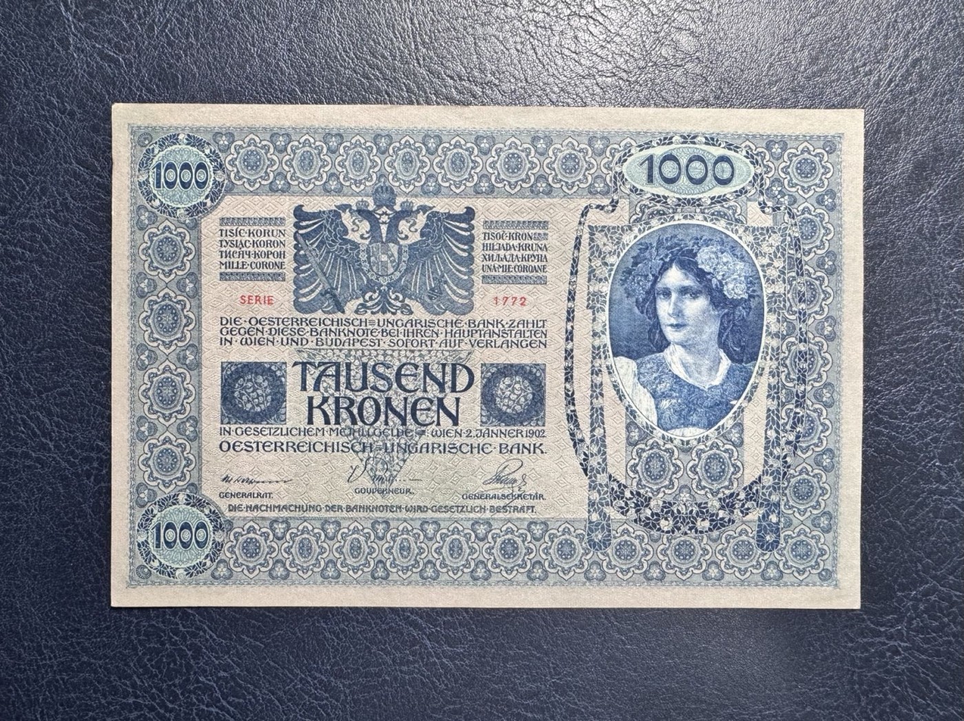 收藏联盟Quantum Auction 第337期拍卖  奥匈帝国加盖奥地利1902年1000克朗 品相UNC- 细节如图 大票幅