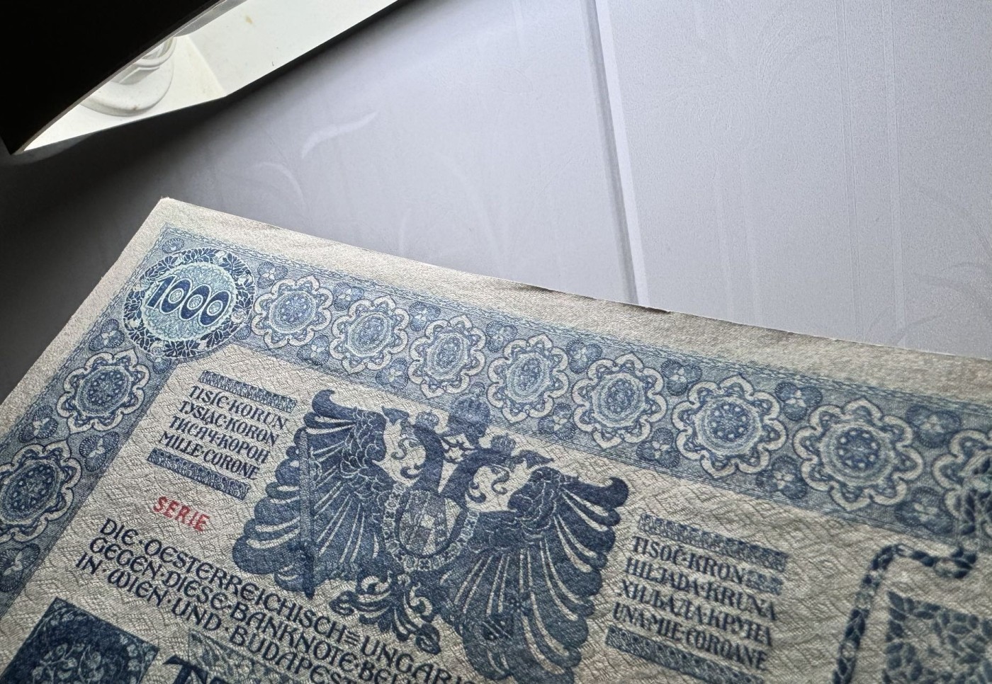 收藏联盟Quantum Auction 第337期拍卖  奥匈帝国加盖奥地利1902年1000克朗 品相UNC- 细节如图 大票幅