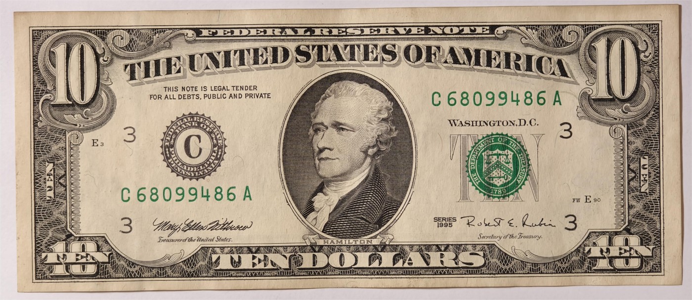 紫瑗钱币——第353期拍卖——纸币场 美国 1995年 C版 无序列 亚历山大·汉密尔顿 10美元 小头版 AU 软折