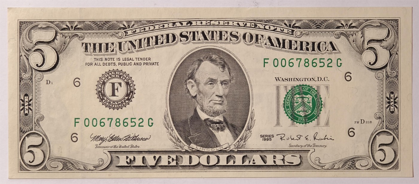 紫瑗钱币——第353期拍卖——纸币场 美国 1995年 F版 无序列 亚伯拉罕·林肯 5美元 小头版 UNC